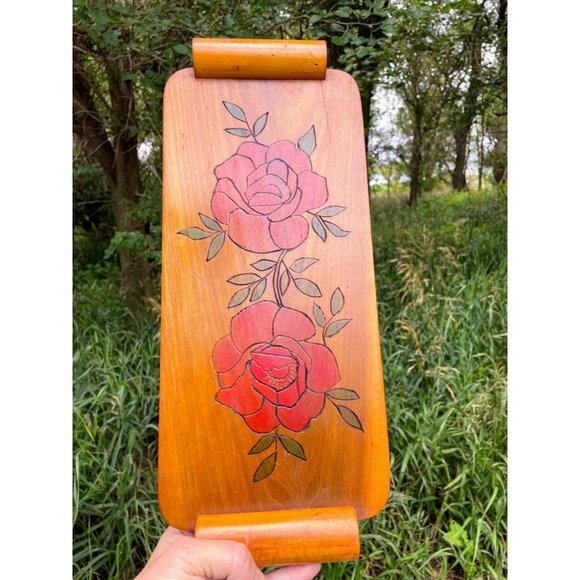 Vintage Wood Bread Serving Tray Carved Red Roses - Picture 3 of 13